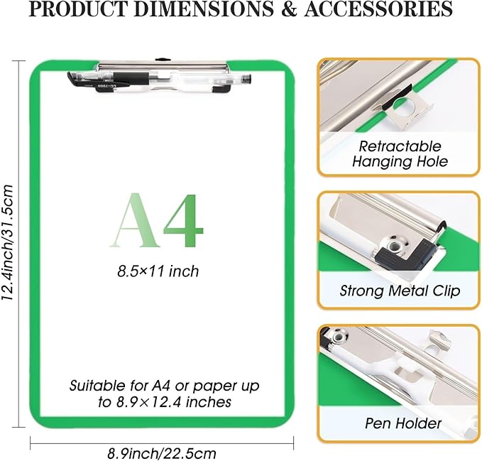 TFDLCG zm Green Clipboard with Pen Holder,Plastic Clipboard Standard Letter A4 Size,Heavy Duty Clip Boards 8.5x11,Cute Hanging Clipboards for Women Kids Students School Office Home