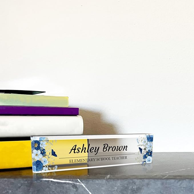 Signs ByLITA Floral Pattern Customized Nameplate | Indigo Blooms Personalized Full Color Acrylic Desk Sign