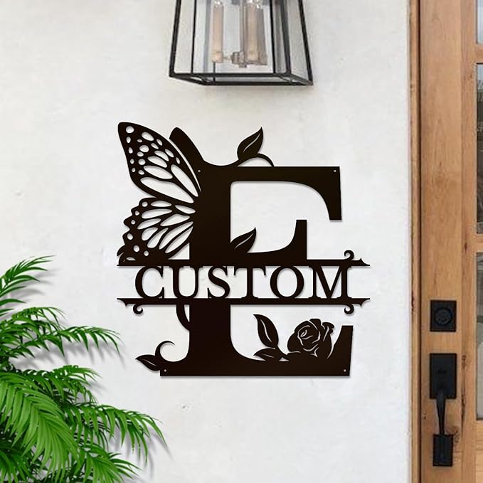 Personalized Custom Letter Name metal Signs,Custom Black Letter Monogram Wall Art Decor,Metal Signs Plaques Outdoor wall Decorative Signage (E)