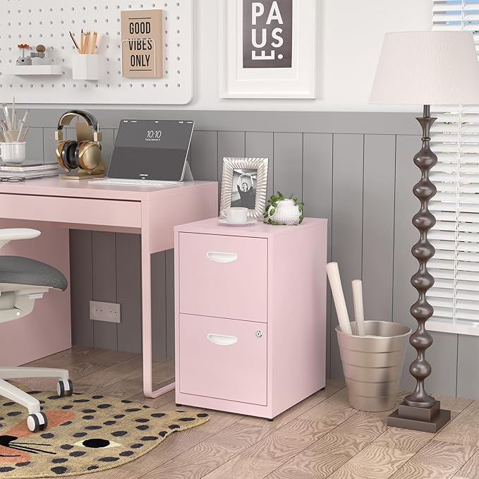 SteeLoong 2 Drawer File Cabinet with Lock,Pink Metal Office Drawers Filing Cabinets for Home Office, Two Drawer Under Desk File Cabinet for Hanging Letter,Easy Assemble | with Lock, Office Drawers, Filing Cabinets, Two Drawer, Under Desk, for Hanging L...