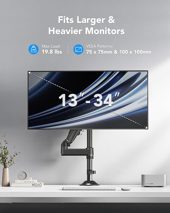 HUANUO Single Monitor Arm, Adjustable Desk Mount for 13-34 inch Screens, Holds 19.8lb, 22.44 inch Max Height, Full Motion Swivel Gaming Monitor Stand with VESA 75x75mm and 100x100mm Compatibility