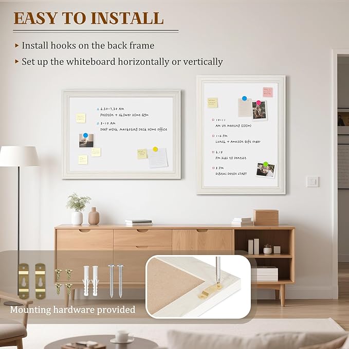 Large White Board for Wall, 36'' x 24'' Magnetic Dry Erase Board, Decorative Whiteboard, White Vintage Wooden Frame