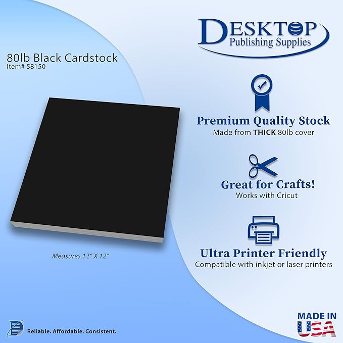 Premium Black 12x12 Cardstock - Thick Heavyweight 80lb Cover - 15 Sheets