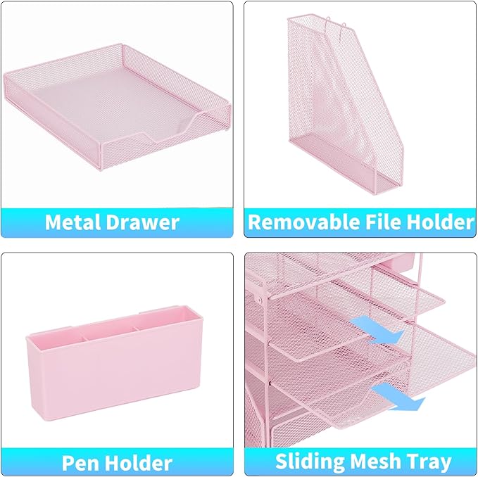 Gugsey Desk Organizer, 5-Tier Paper Letter Tray Organizer with File Holder, Drawer and Pen Holder, Desktop Organizer for Office Supplies, Pink