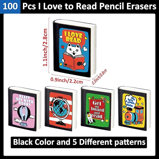 party greeting 100Pcs I Love to Read Pencil Erasers Fun Erasers Bulk for Kids Read Across America Prizes Drawing Sketching Supplies Reading Positive Reward Gift School Classroom Teacher Black