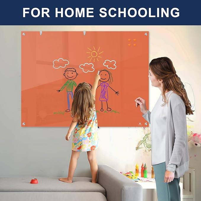 TSJ OFFICE Glass Dry-Erase Board - 48 x 32 Inches Wall Mounted Glass Whiteboard, Large Frameless Magnetic White Board for Office, Home & School, Orange