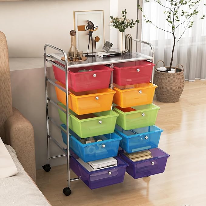 GLACER 10 Drawer Rolling Cart, Storage Cart with Lockable Whieels & Metal Frame, Trolley for Art Craft Oganizer, Mobile Utility Cart for Office, School, Classroom, Kitchen (Clear Rainbow)