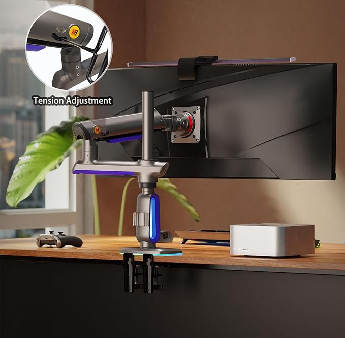 NB Extra Height Gaming Monitor Arm for 32 to 60 Inches Screen, Load up to 20 kg, VESA 75/100, RGB-Light, Heavy Duty, Multi Angle Adjustable, Premium Aluminum, Long Arm Extension Purple Blue