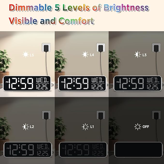 Peakeep Large Display Digital Alarm Clock for Bedrooms, Date Day of Week Desk Table Clocks for Living Room Office, Dimmable Plug in Electric Clock, 5 Volumes, Loud, Auto DST