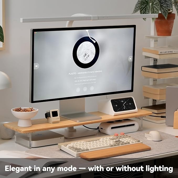 ROCDEER Bamboo Monitor Stand Riser with RGB Lights,31.5 Inches Desktop Shelf with Acrylic Legs Supports for Desk, PC Computer Monitor, Laptops, Printer, Speakers (Natural)