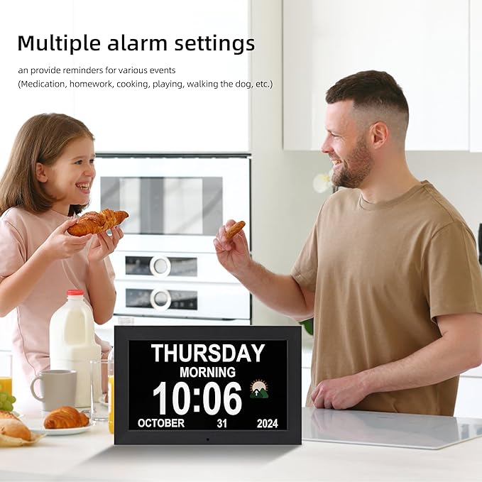 Memwake Digital Alarm Clock, Multiple Alarm Functions, Clock with Date and Week, Digital Alarm and Electronic Calendar for Seniors (White, 7 inch) (10-inch Black)