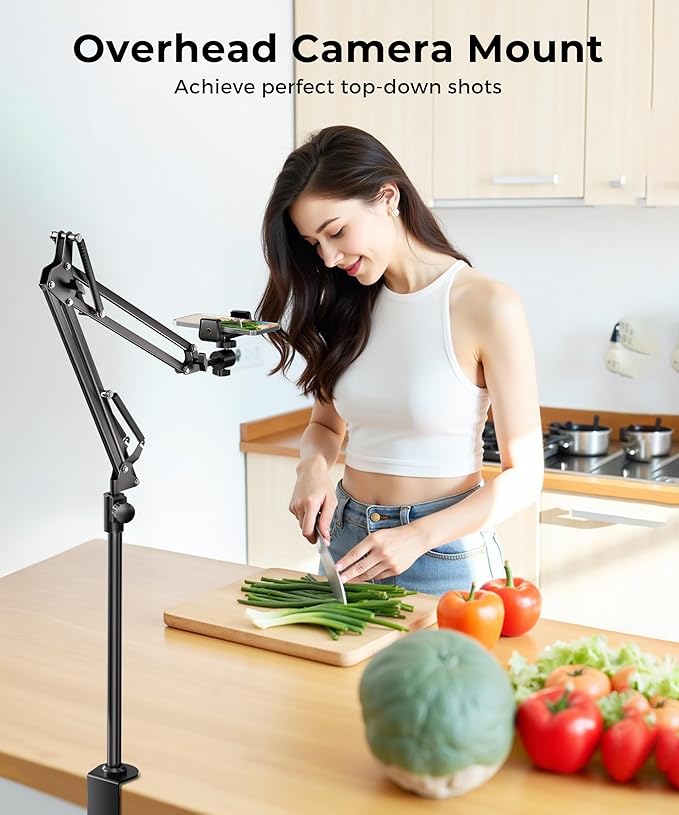 UBeesize Overhead Camera Mount with 360° Adjustable Arm & Phone Holder for TikTok Live Streaming Photography Studio Content Creation, Desk Mount for DSLR Cameras/Webcam/iPhone/Ring Light/Microphone
