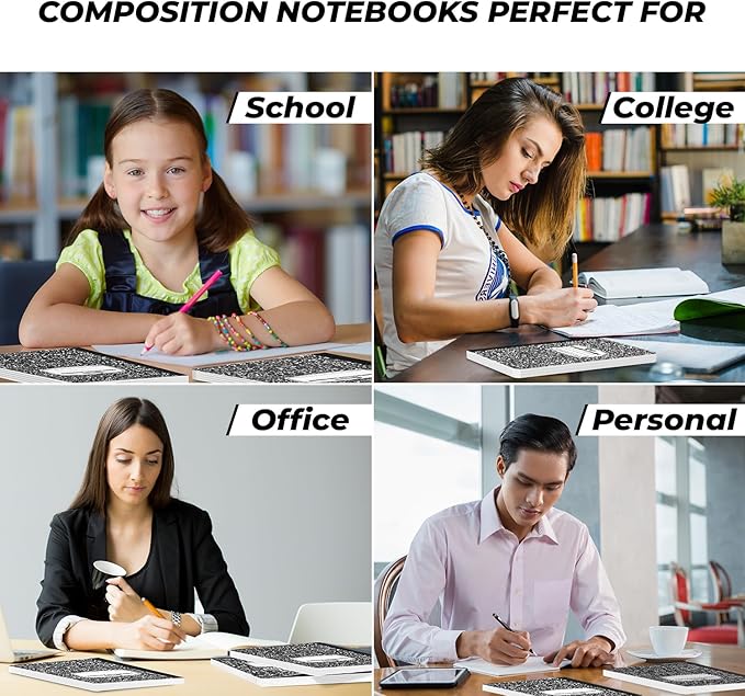 Rosmonde Composition Notebook Wide Ruled 5 Pack, 200 Pages (100 Sheets), 9-3/4 x 7-1/2, Back to School Supplies, Notebooks for School, Office Supplies, Notebooks for Work, Wide Ruled Notebook