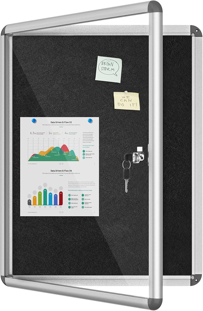 Mifuro 26"x20" Enclosed Bulletin Board, Lockable Weather-Resistant Aluminum Cork Noticeboard for School & Office, Silver Frame w/Black Flet