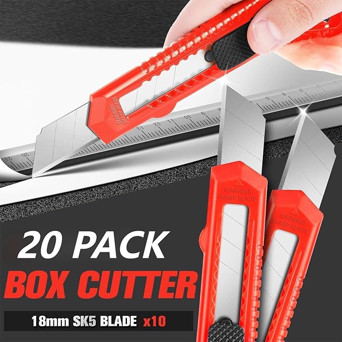 JOYUMY 20 Pack Utility Knife, Box Cutter Retractable, Box Knife for Cartons, Cardboard, and Boxes, Box Opener with 10 Pieces 18mm Snap-off Blade, Razor Knife for Office and Home Use, Box Cutters, Red