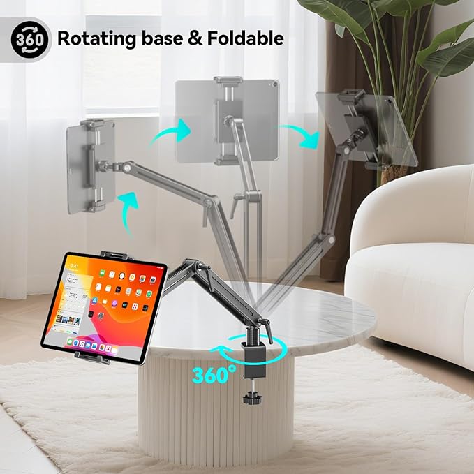 Portable Monitor Stand Desk Holder- Large Clamp support up to 12.9 14.6 15.6 18.5 inch 360° Rotating Base Swivel Tall Desk Arm Mount for iPad Pro/Mini/Air/Surface Strong Bearing Weight over 5.5lbs