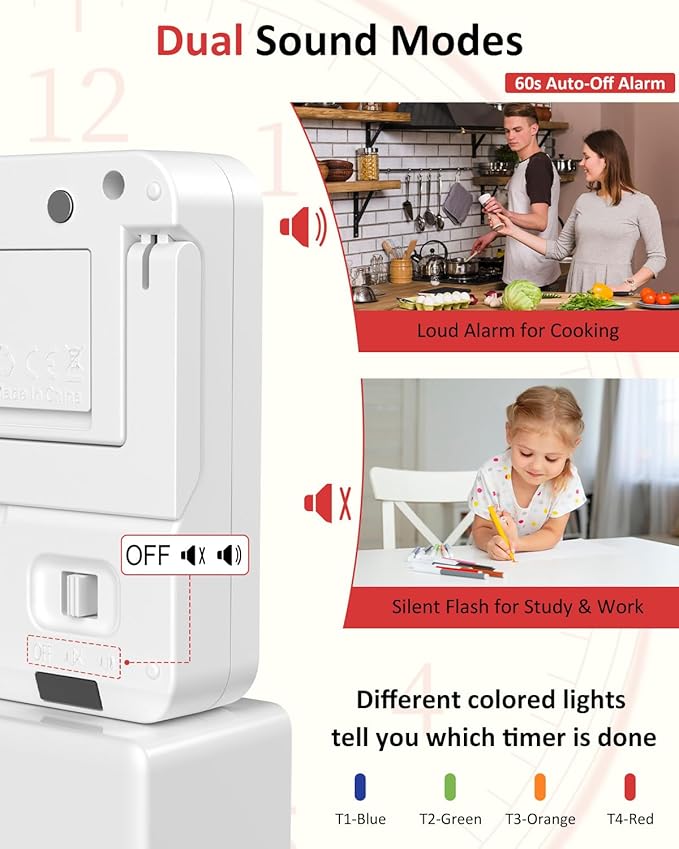 Digital Kitchen Timer for Cooking - 4 Channel Count Up Countdown Timer with Loud Alarm and Silent Mode, Large Display, Magnetic Back, Auto Memory for Classroom Study Gym, Battery Included (White)