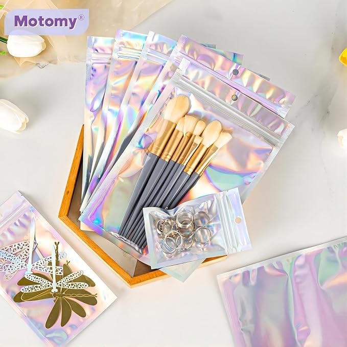 100Pcs Holographic Packaging Bags, 2.7x3.9 inch Resealable Foil Pouch Mylar Sample Bag Great for Small Business and Party Favor Food Storage Favors, Small Business Packaging