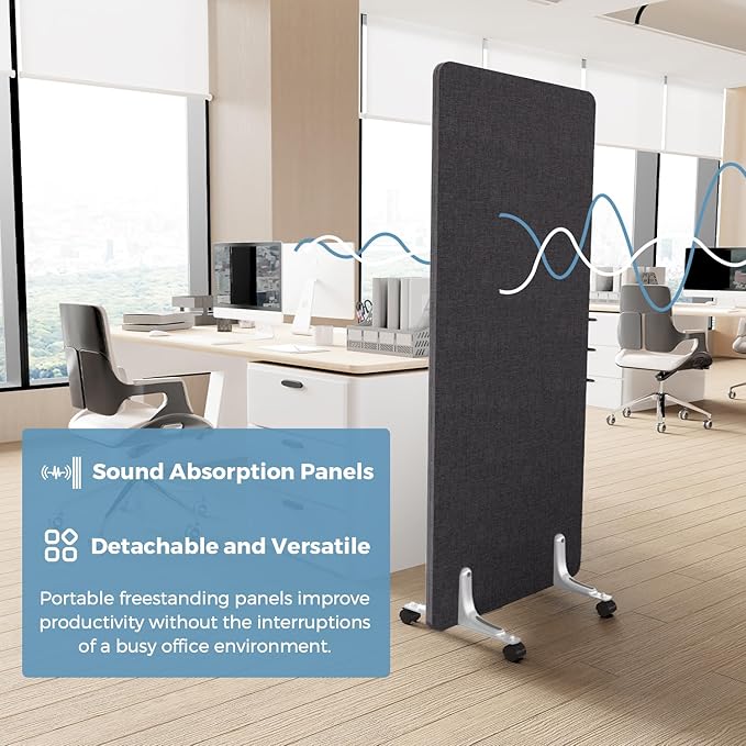 MORDEER 70.8" W x 63" H Freestanding Partition Room Dividers, Acoustic Panels with Wheels, 3 Soundproof Privacy Panels for Office, Reception Room, School, Hospital, Dark Grey