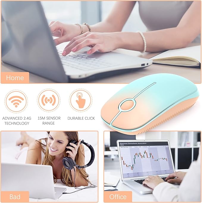 VssoPlor Wireless Mouse, 2.4G Slim Portable Computer Mice with Nano Receiver for Notebook, PC, Laptop, Computer (Orange to Green)