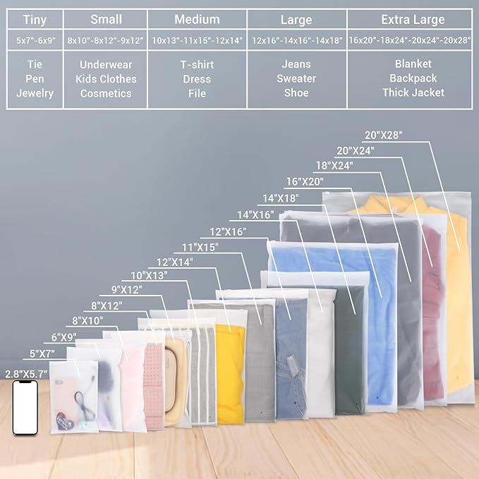 Svaldo Clothing Bags, 25 Count 20x28 inch Jumbo Extra Large Frosted Zipper Plastic Bags for Clothes, Sweater Dress, Backpack, Blanket, T Shirt Packaging Shipping, 3 Mil, with Vent Holes