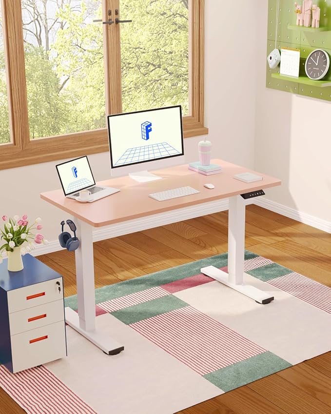 FLEXISPOT EN1 One-Piece Standing Desk, 48"x24" Seamless Desktop Electric Height Adjustable Desk for Home Office, Multi-Monitor Setups & Easy Assembly, Pink