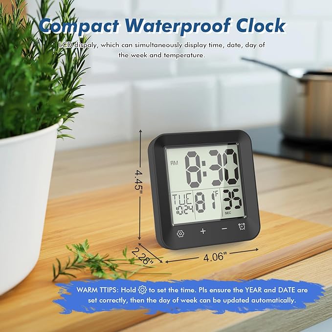 Wisoee Waterproof Shower Clock Timer, Bathroom Clock with Countdown, Touch Screen, Indoor Temperature, Suction Cup, LCD Digital Wall Clock for Bath, Kitchen