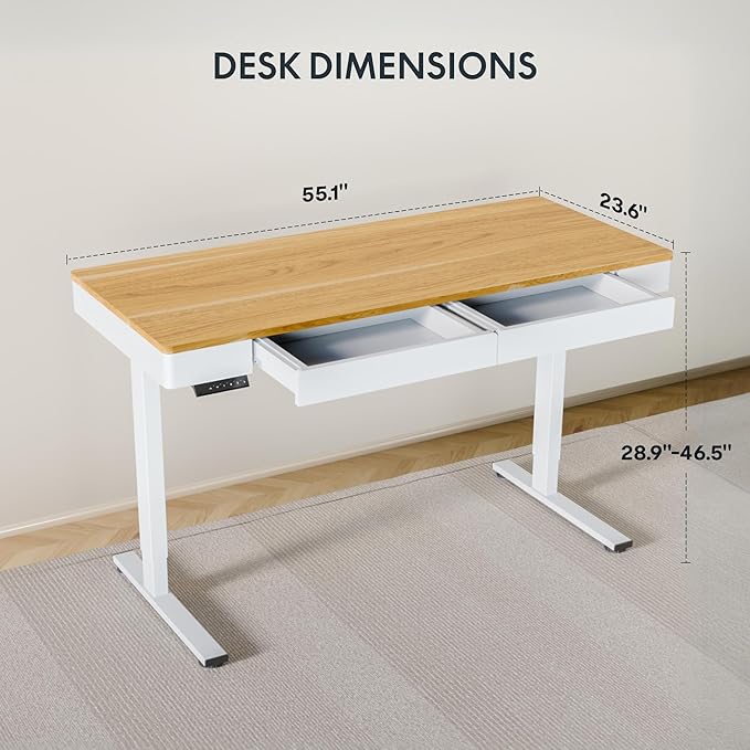 FLEXISPOT Q5 Standing Desk with Drawer, 55 x 24 Inch Whole Piece Electric Adjustable Height Stand Up Computer Workstation for Home, Office, Maple