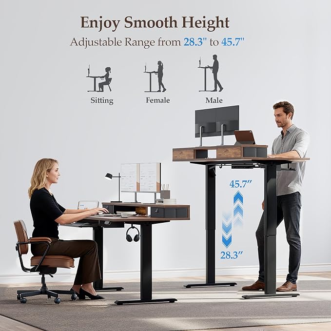 Klicelor 63 Inch Electric Standing Desk with Drawers and Keyboard Tray, Height Adjustable Desks for Home Office, Sit Stand Up Computer Workstation with Two Pieces, Rustic Brown