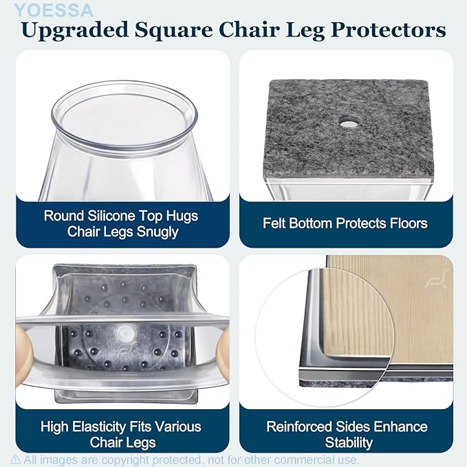 32 Pcs Chair Leg Floor Protectors Square, Floor Protectors for Chairs, Clear Silicone Felt Furniture Leg Pads, Protect Floors, Anti-Scratch Reduce Noise (L Fits: 1-5/16" to 1-1/2")