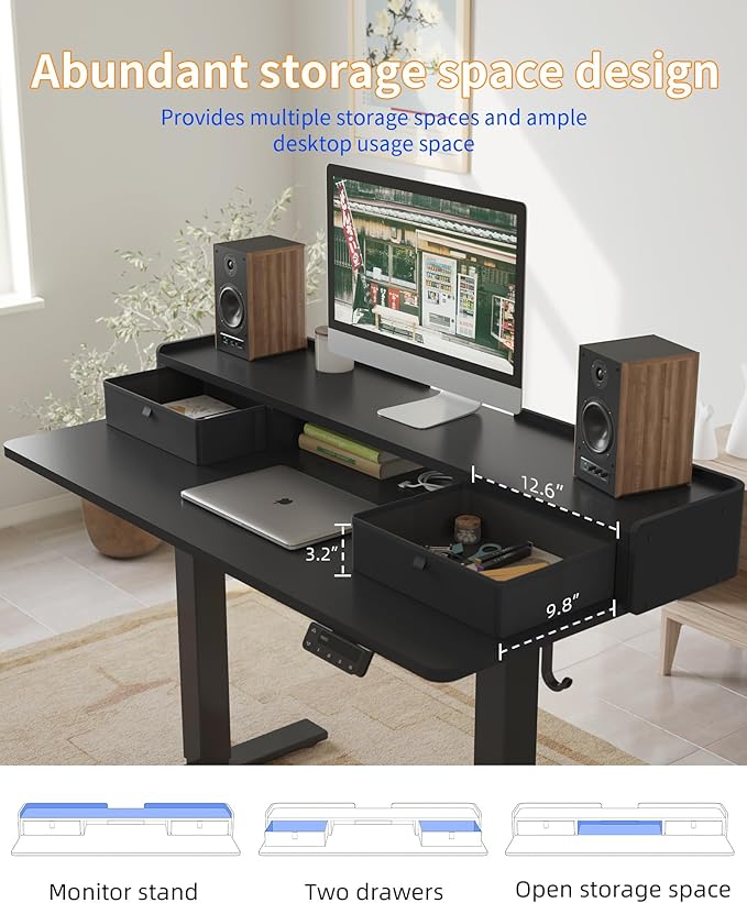 YIHAYO Electric Standing Desk with Drawers, 40 x 24 Inches Adjustable Desk with Storage Shelf, Stand Up Desk with Splice Board, Computer Desk for Home Office, Black Frame/Black Top