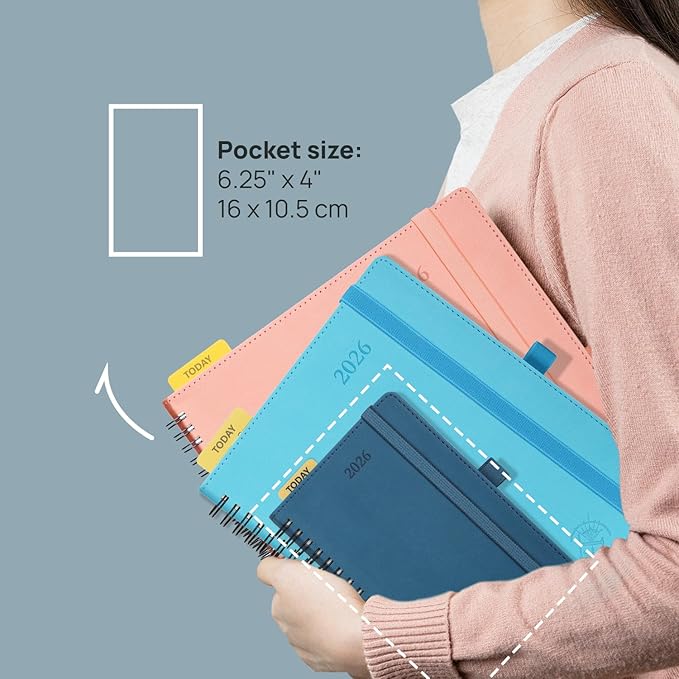 POPRUN Pocket 2026 Planner (Small Size- 4'' x 6.25'') Weekly and Monthly for Purse - Calendar 2026 (Jan. 2026 - Dec.2026) with Soft Cover, Plastic Ruler - Brown