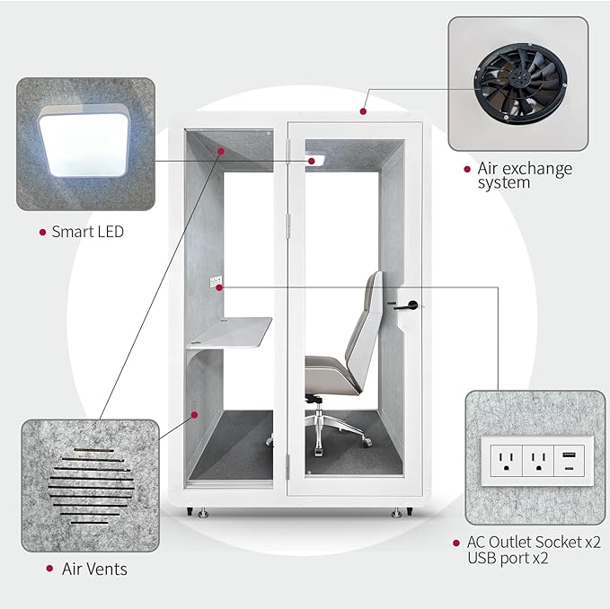Soundproof Office Pod Booth, Quiet Meeting Pod with Acoustic Panels, Mobile Focus Room, Privacy Silent Booth for Private Phone Calling, 1-2 Person Workspace with Sound Isolation W55in D48in H92in