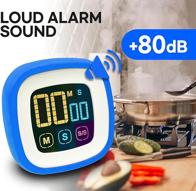 CREAVIVA Digital Kitchen Timer, Countdown, Countup, Protective Rubber case, Large Display with Color Bold Digits, Touch Control, Backlit, Magnetic Kickstand, Loud Alarm, Auto Memory (Sky Blue)