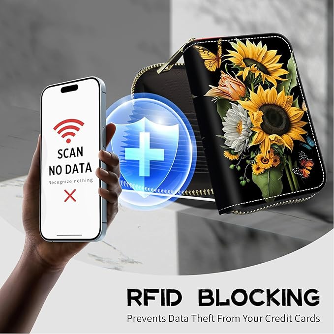 BWEGRHE Cute Credit Card Holder with Zipper, Sunflowers Butterfly RFID-Blocking Card Case Small Wallet for Women Men, Multi-slot Card Organizer Case Travel Accordion Wallet