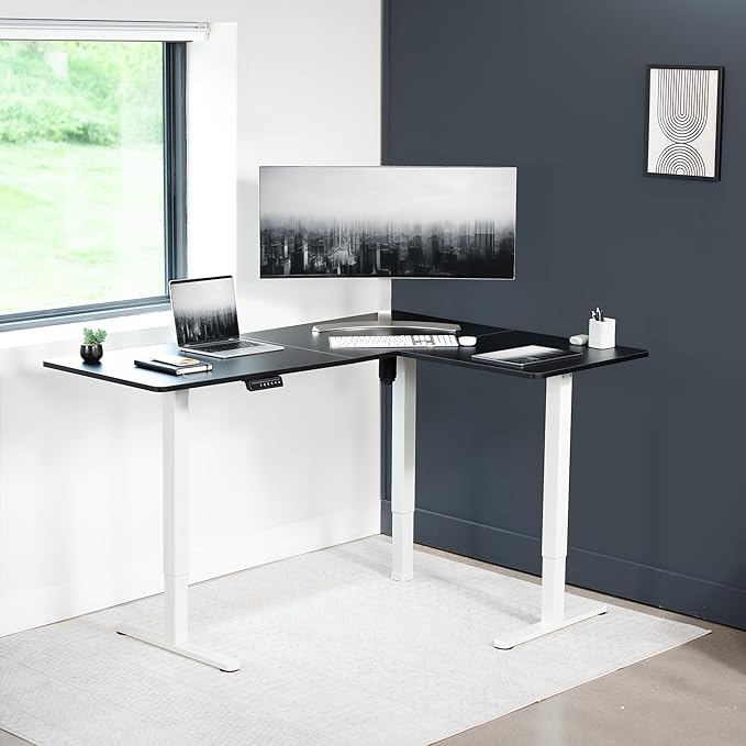 VIVO Electric Corner 63 x 47 inch L-Shaped Standing Desk, Memory Height Adjustment, Black Top White Frame, DESK-E3CTWB-47