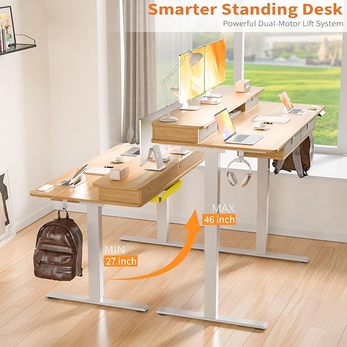 ExaDesk 48 * 30 Inches Electric Standing Widened Desk Adjustable Height with 4 Drawers, Double Storage Shelves, Home Office Workstation Sit Stand up Desk (Nature)