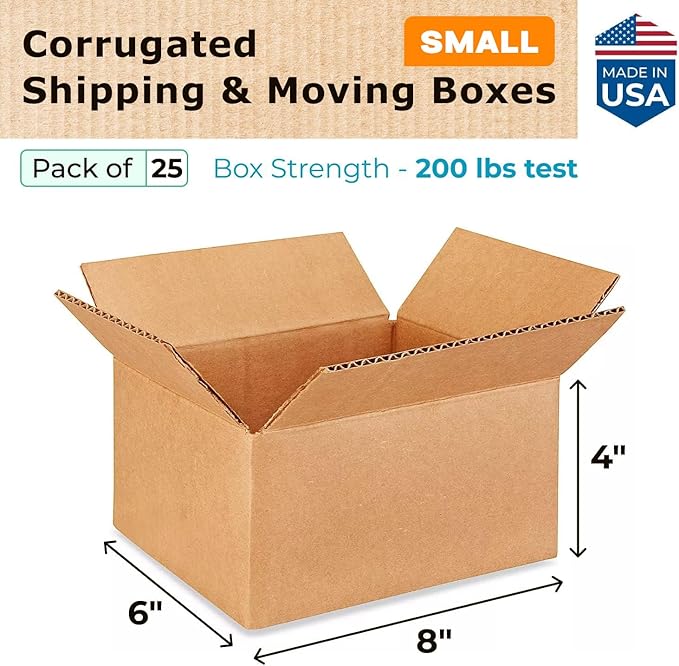 Small Moving & Shipping Boxes 8"L x 6"W x 4"H (25-Pack) - Extra Strength 200 lb vs Regular - Corrugated Boxes for Packaging Moving Stuff - Corrugated Box - Square Cardboard Box by IDL Packaging