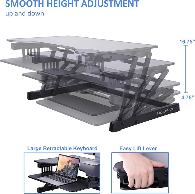 Rocelco 32" Height Adjustable Standing Desk Converter with Floor Stand Bundle - Slide Out Retractable Keyboard Tray - Sit Stand Up Dual Monitor Riser - Computer Workstation - Black (R ADRB-STFS)