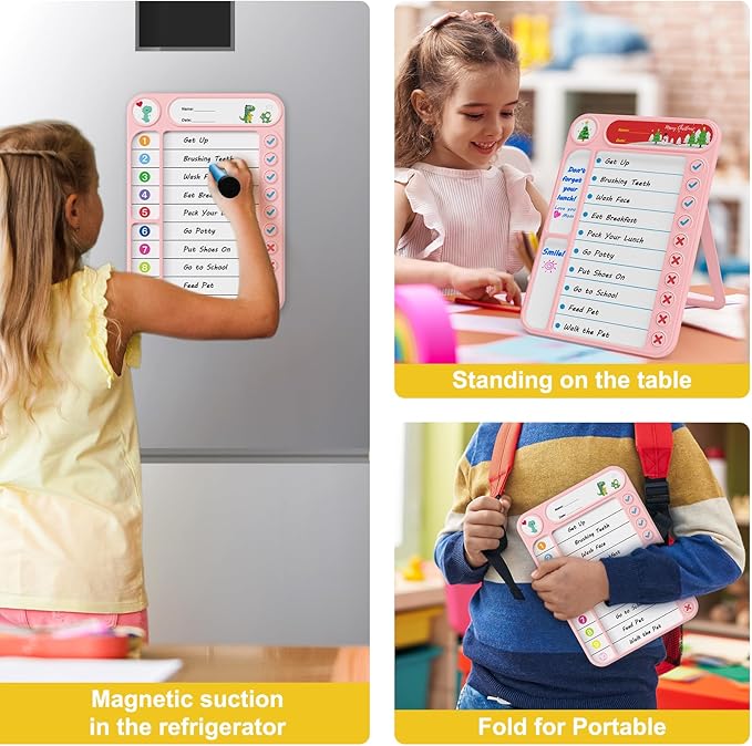 Magnetic Chore Chart for Kids, ADHD Task Tracker Easy-Check Routine Dry Erase Board, to-Do List Planning Tool with Stand for Fridge/Desk/Home/School, 6 Reusable Sheets, 2 Markers