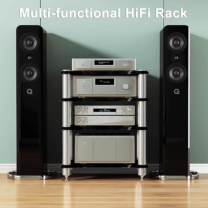 SQXLXDD 4-Tier AV Media Stand, Amplifier Rack Cabinet for Stereo Component Game Console DVD Player WiFi Router, Home Theater Office Living Room Organizer (Black, 4-Tier)