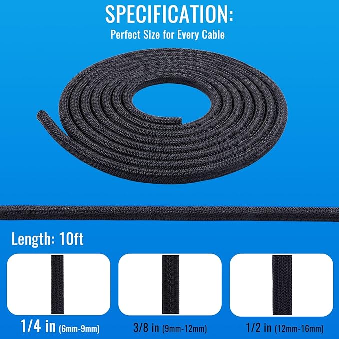 Flauzmann 1/4" Braided Cable Sleeve - 10Ft Cat Cord Protector Split Wire Loom Tubing Flexible Self Wrapping for USB, Audio, Automotive Cord, Dog Chew Proof Cable Protector - Black