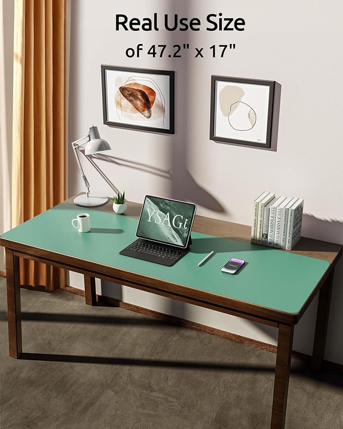 YSAGi Leather Desk Protector, Office Mat, Large Mouse Mat, Non-Slip PU Leather Blotter, Laptop Desk Pad, Waterproof Writing Pad for Office and Home (Green-Blue, 47" x 17")