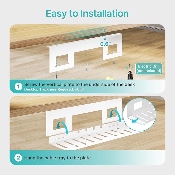 PEGZONE Under Desk Cable Management Tray, 15.7 Inches Metal Cord Organizer Rack, Desk Tray for Power Strip, Cord, Wire, Easy Mounting Cable Management Under Table for Home Office, White