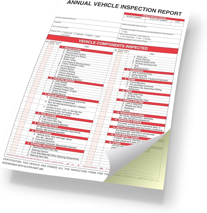 Annual Vehicle Inspection Report Form 25-pk 3-Ply Carbonless, 8.5" x 11.75" + Label Aluminum, Permanent Adhesive 6" x 3.5"
