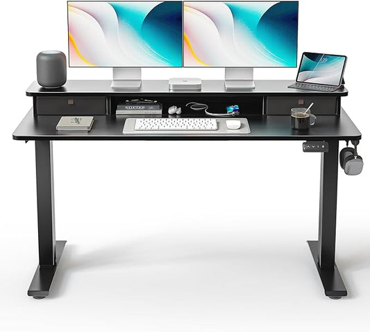 FEZIBO 55 x 24 Inch Height Adjustable Electric Standing Desk with Double Drawer, Stand up Home Office Computer Desk with 4 Height-Adjustable Feets & 2 Hooks, Black
