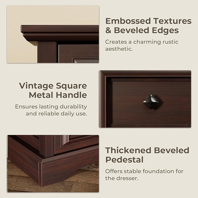 VVFLU Farmhouse 6 Drawer Dresser, 48" Tall Dresser Chest of Drawers with Natural Texture & Metal Handles, Storage Dressers Organizer for Bedroom, Living Room, Hallway, Vintage Design (Cherry)