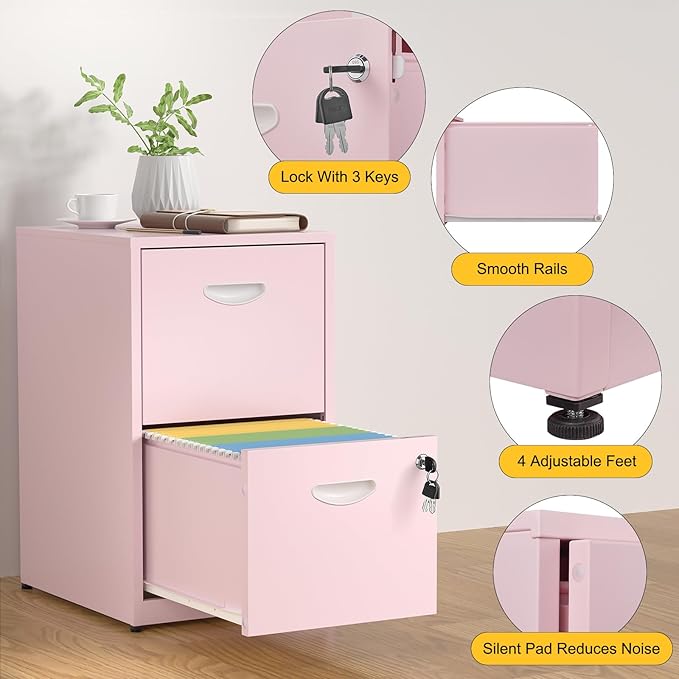 SteeLoong 2 Drawer File Cabinet with Lock,Pink Metal Office Drawers Filing Cabinets for Home Office, Two Drawer Under Desk File Cabinet for Hanging Letter,Easy Assemble | with Lock, Office Drawers, Filing Cabinets, Two Drawer, Under Desk, for Hanging L...