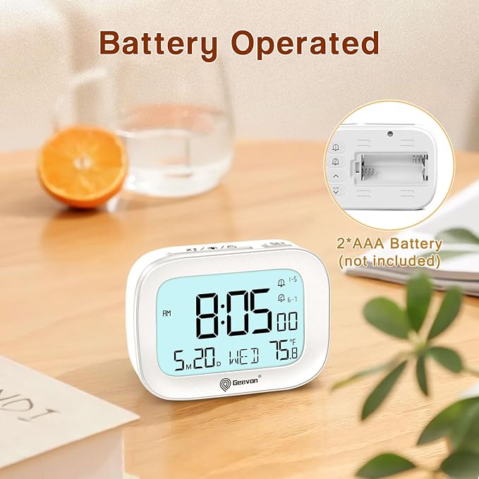Geevon Small Travel Alarm Clock, Digital Alarm Clocks for Bedrooms Home Office, Battery Operated Desk Clock with 3 Inch Large Display, 2 Alarms, 5s Backlight, Snooze, Indoor Temperature, White