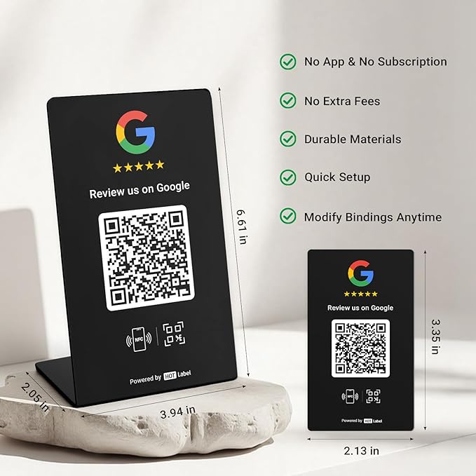 HotLabel – Google Review Stand 1-Pack – Bonus Google Review Tap Card 1-Pack – Black – NFC Tap & QR Code – Supports 2 Different Stores or Same - All Phones Compatible – No App/Subscription